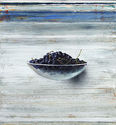 Michael Lauterjung, Glasschale mit schwarzen Johannisbeeren, 2019, Acryl, Lack, Leinwand, Öl auf Holz, 92 x 86 cm