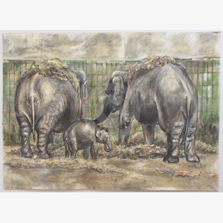 Zwei Tierdarstellungen, Unbekannter Künstler Elefantenfütterung und Otto Meister Liegender Hund