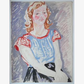 Junge Frau nach links mit roten Wangen, rotem Pullover...