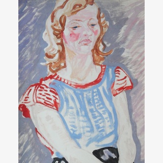 Junge Frau nach links mit roten Wangen, rotem Pullover...