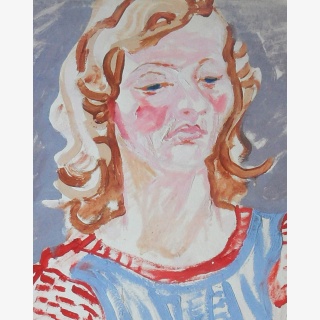 Junge Frau nach links mit roten Wangen, rotem Pullover und Weste