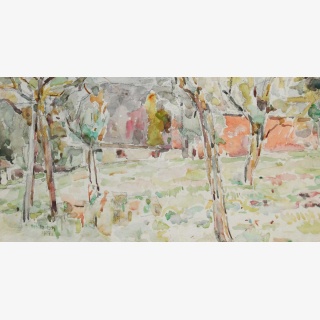 Konvolut, 3 Landschaften: 1. B�ume, 2. B�ume am Hang, 3. B�ume vor H�usern