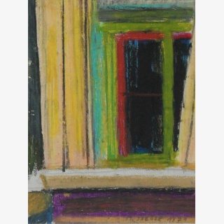 Fenster mit gr�ngelbem Vorhang