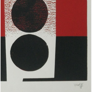 Schwarze Scheiben auf rot-schwarzem Grund, aus: Graphische Et�den, 1982, Sachlich Konstruktiv Experimentell, Bl�tter verschiedener K�nstler, Hrsg. Lothar Lang und Hanns Marquardt, Grafik-Edition XIII, Verlag Philipp Reclam jun. Leipzig
