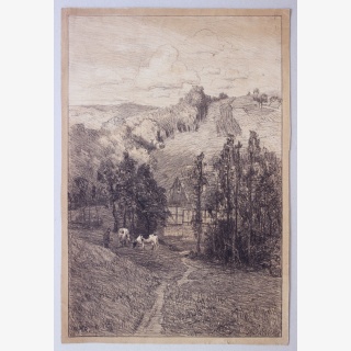 Geh�ft in bergiger Landschaft mit K�hen