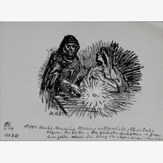 Fünf Zeichnungen Märchen aus 1001 Nacht - Abenteuer Haruns, Chwadsche Hassan, der Seiler 1-5