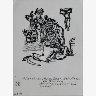 Vier Zeichnungen: Märchen aus 1001 Nacht: Geschichte der Abenteuer Haruns, Baba Abdallah der Blinde 1-4