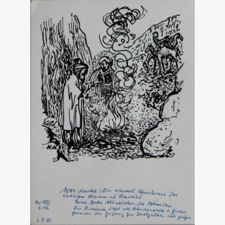Vier Zeichnungen: Märchen aus 1001 Nacht: Geschichte der Abenteuer Haruns, Baba Abdallah der Blinde 1-4